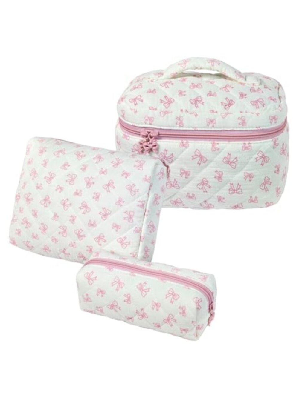 Quilted Cosmetic Bag Set 3 Pc Travel Makeup Pouch Toiletry Organizer
